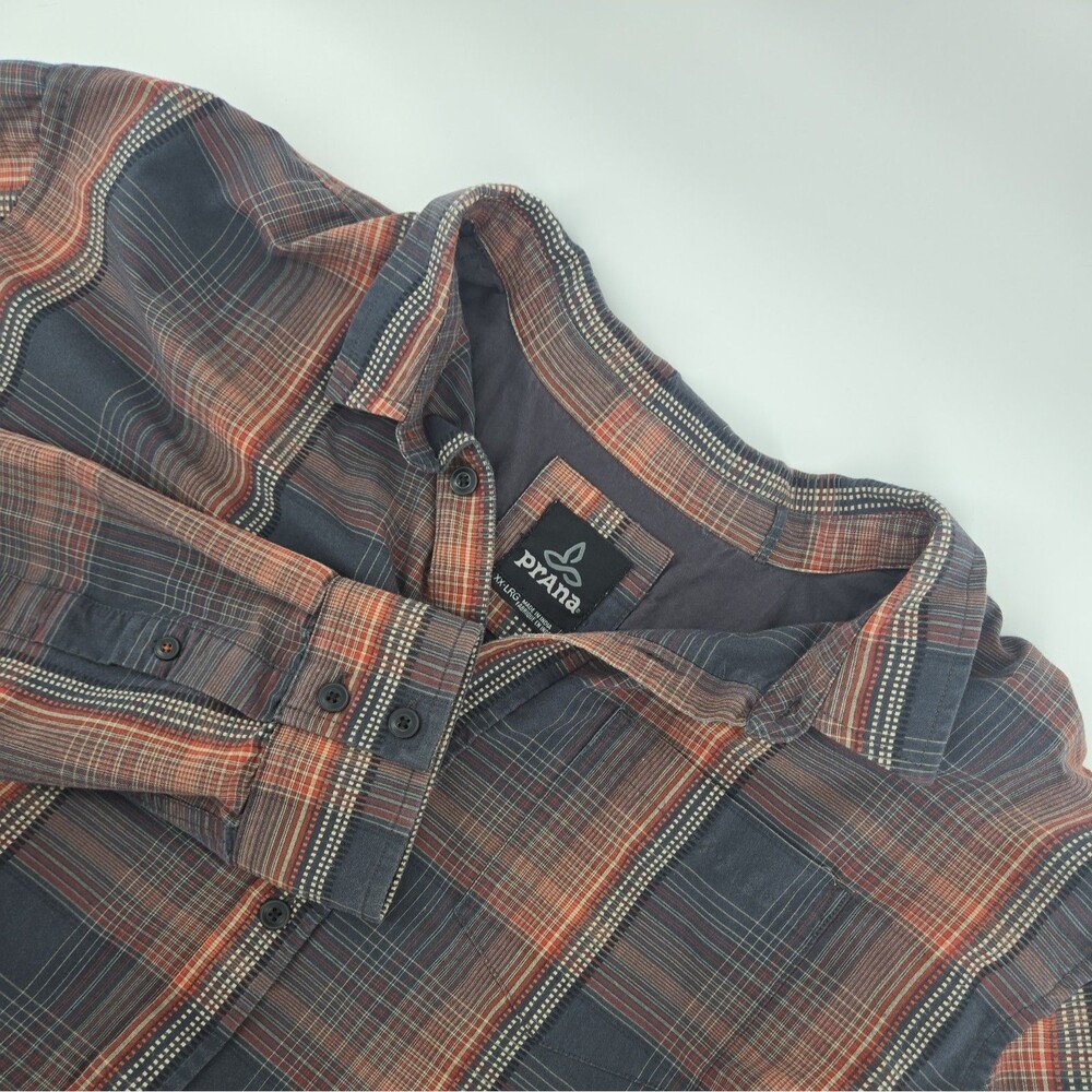 Prana Men Shirt XXL Plaid Gray Rust Organic Cotton Outdoor Earthy Hiking Travel